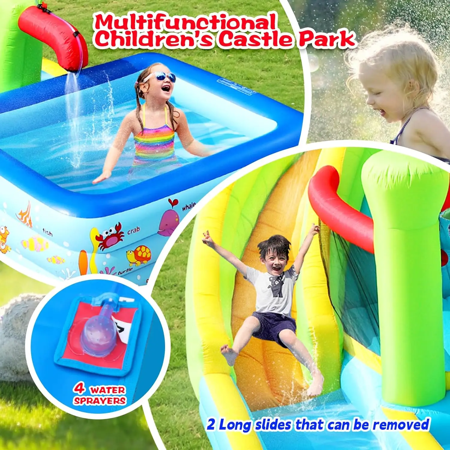 Inflatable Water Slide Pool for Two with Blower Bouncy Castle Rock Climbing Large Deep Pool and Water Gun Inflatable Swimming Pool