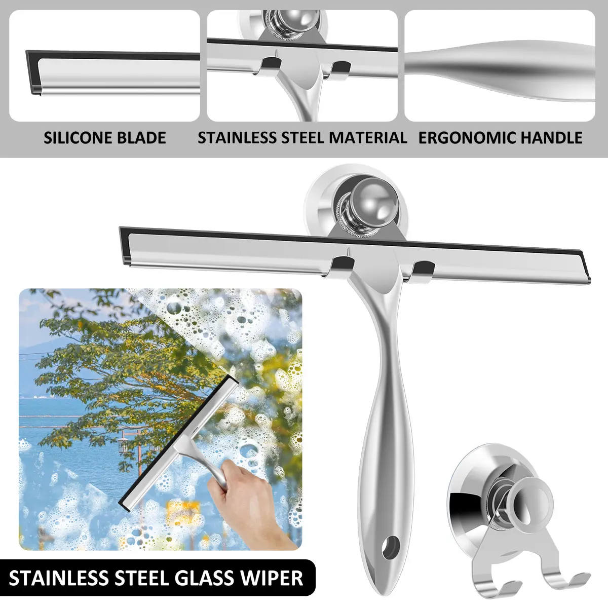 Window Cleaning Squeegee Cleaning Squeegee Window Cleaning Tool Shower Squeegee Stainless Steel Shower Squeegee with Suction Cup Window Glass Squeegee Multi-Purpose Cleaning Tool For Bathroom Kitchen Car