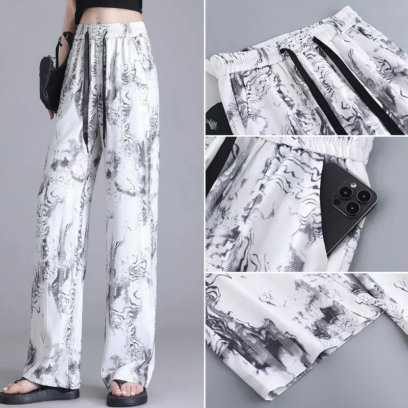 Fashion Chinese Style New Summer Pants Women's Printing Elastic Waist Drawstring Tie Dye Ice Silk Casual Loose Wide Leg Trousers