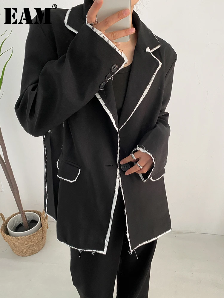 

[EAM] Women Black Color-block Burr Big Size Blazer New Lapel Long Sleeve Loose Fit Jacket Fashion Spring Autumn 2023 1DF0378