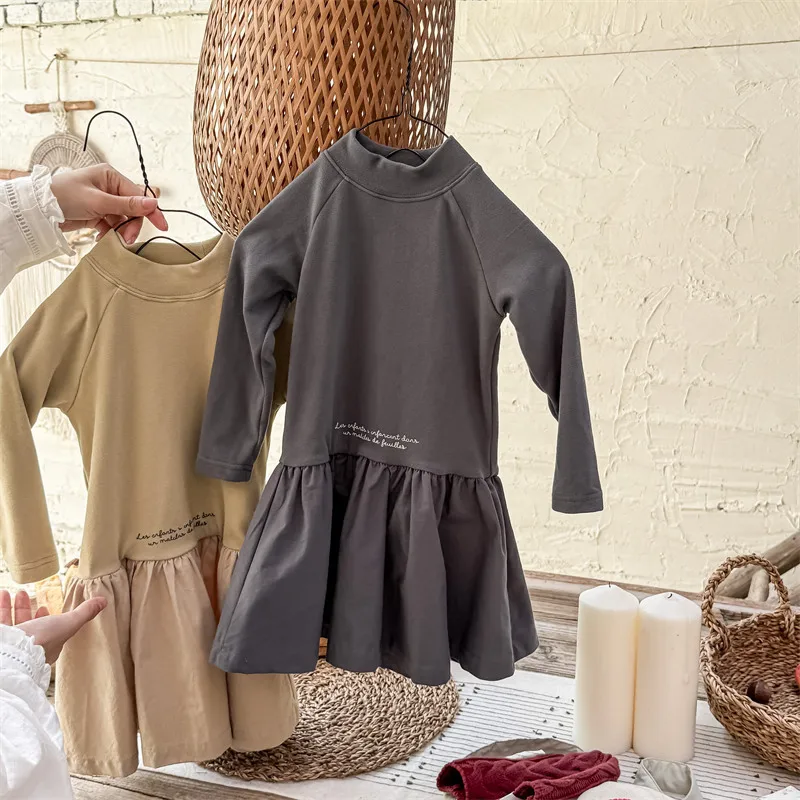 2025 Autumn Winter New Girls Long Sleeve Warm Dress Solid Children Bottoming Dress Letter Print Casual Dress Kids Cotton Clothes 1 2025 Autumn Winter New Girls Long Sleeve Warm Dress Solid Children Bottoming Dress Letter Print Casual Dress Kids Cotton Clothes