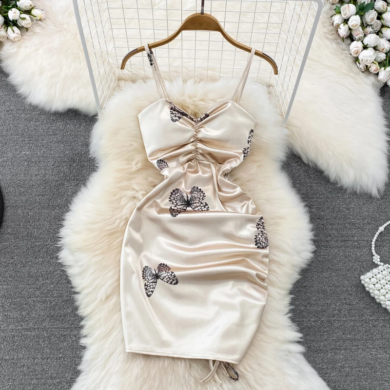

Women's Dress Sexy Satin Sheath Slim Backless V-Neck Spaghetti Strap Butterfly Print Irregular Drawstring Mini Slip Dresses