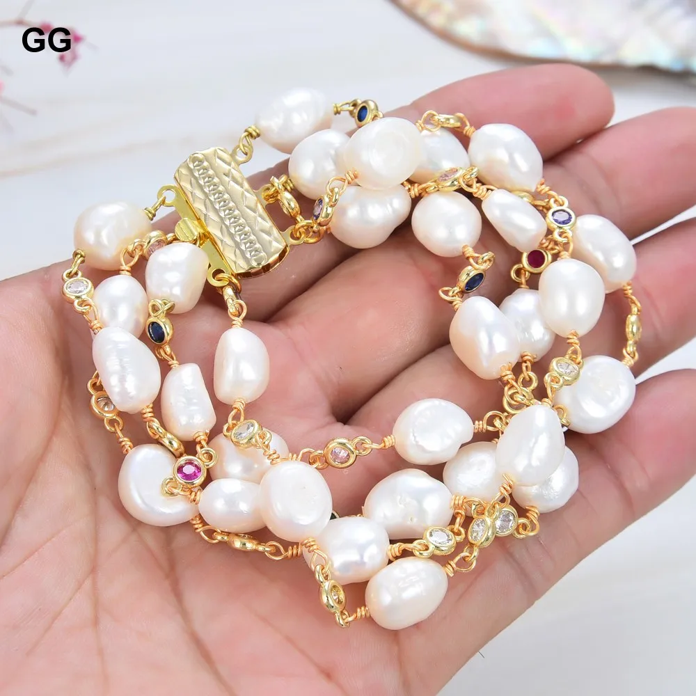 

Natural Pearl 8" 4 Strands Freshwater White Baroque Pearl Multi Color Cz Chain Bracelet Women Lady Fashion Jewelry