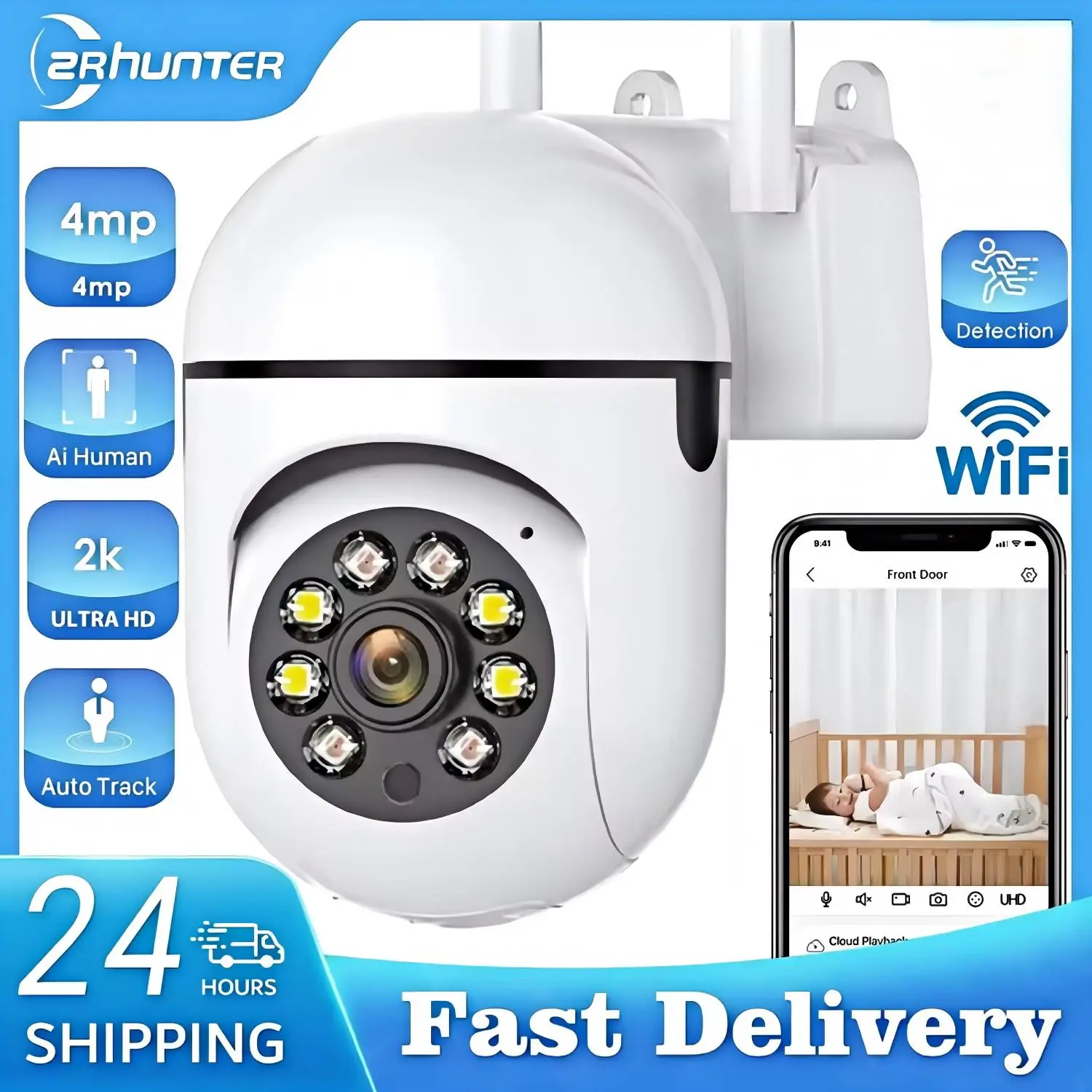 HD Night Color Wifi IP Wireless Surveillance Camera PTZ Camera 4X Zoom Humanoid Tracking Cam No Ad APP Light Alarm 1