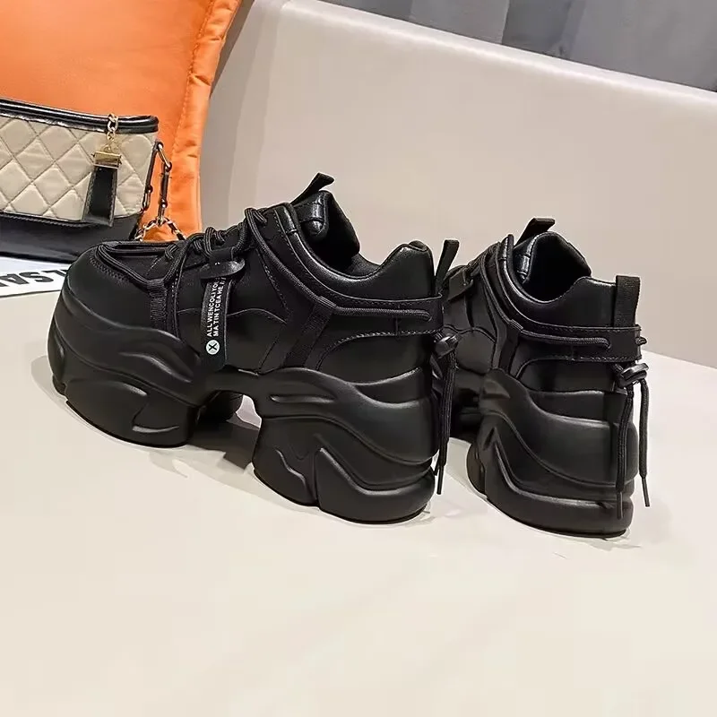 New Platform Women Leather Shoes 2022 Designer Chunky Sneakers Outdoor 8CM Causal Lace Up Warm Snow Shoes Female Ladies Footwear