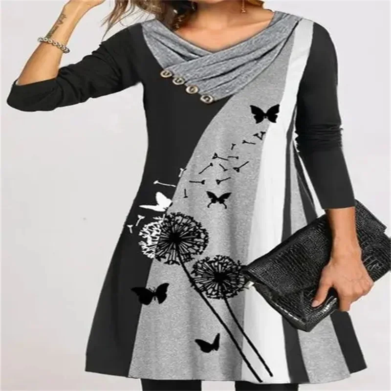 

European and American new women's long sleeve loose dandelion print stitching button double collar dress