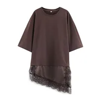 Willshela femmes mode solide dentelle Patchwork chemise asymétrique Vintage col rond demi manches femme Chic dame Blouse 6