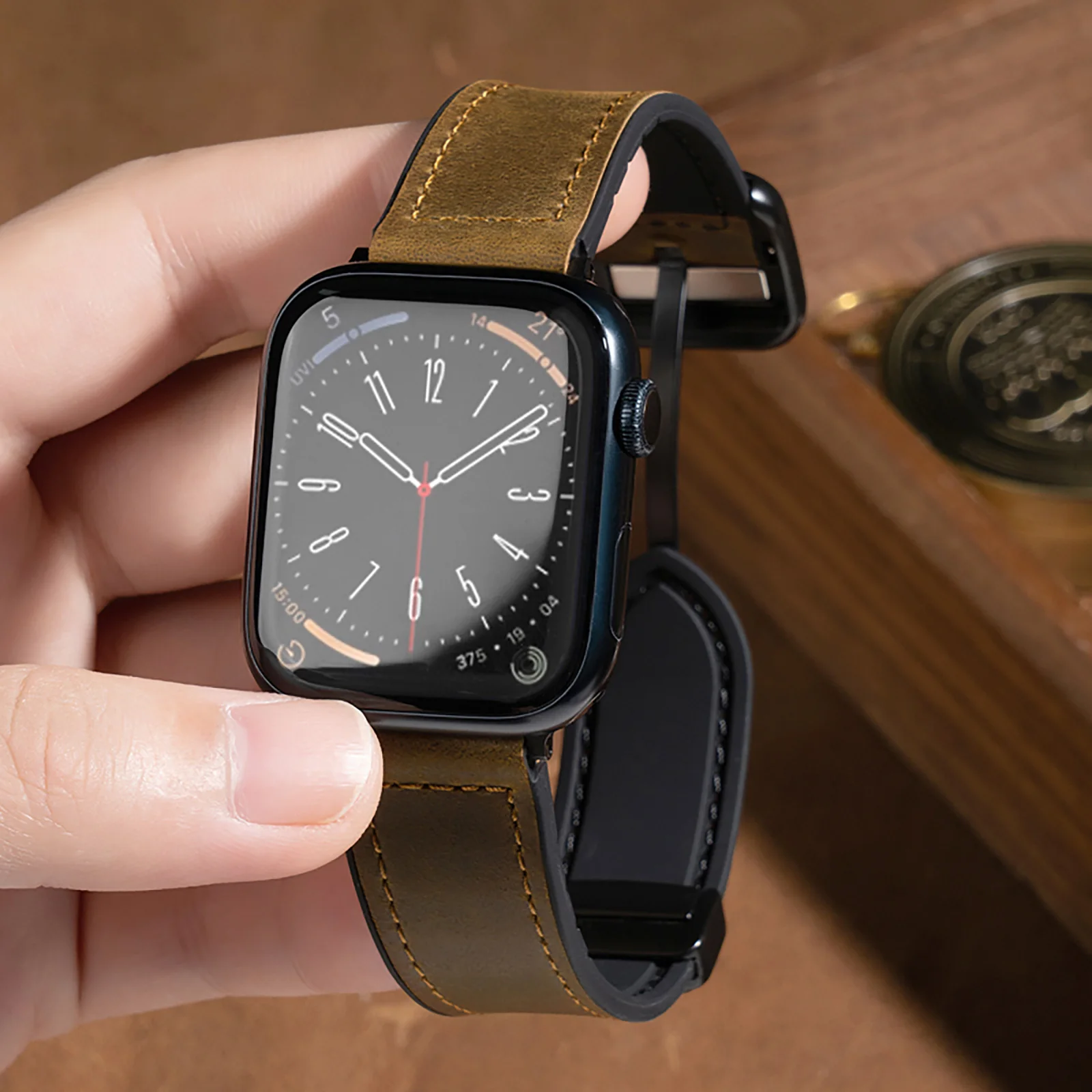 جلد أصلي متوافق مع ساعة أبل ، سوار مغناطيسي من الس...