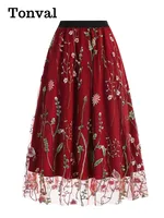 Tonval Floral Embroidered Mesh Overlay Lined Long Skirt Elastic Waist Women Elegant Festival Outfit Summer Vintage Skirts - Image 2