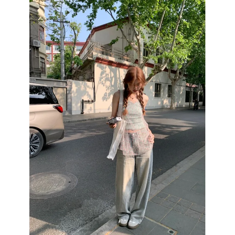 섹시한 꽃 프린트 탱크 탑을 통해 볼 여성 여름 겉옷 한국 스타일 레이어드 커버 업 투피스 세트 백리스 조끼