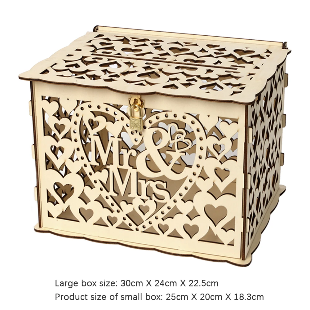 Wedding Card Box Carved Openwork Wooden Lock Mr&Mrs DIY Couple Love Pattern Envelope Sign Cards Decoration Party Supplies wooden gift card boxes wedding place cards