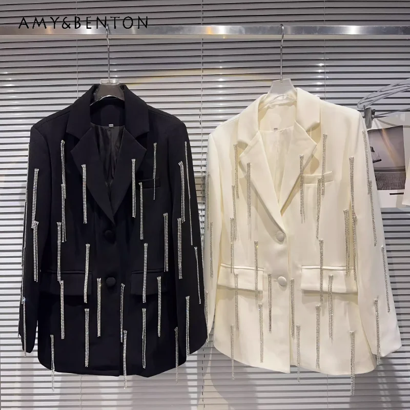 

Women's Clothing Fall 2023 New Suit Coat Dark Socialite Rhinestone Tassel Bead European American Padded Shoulder Blazers Jackets