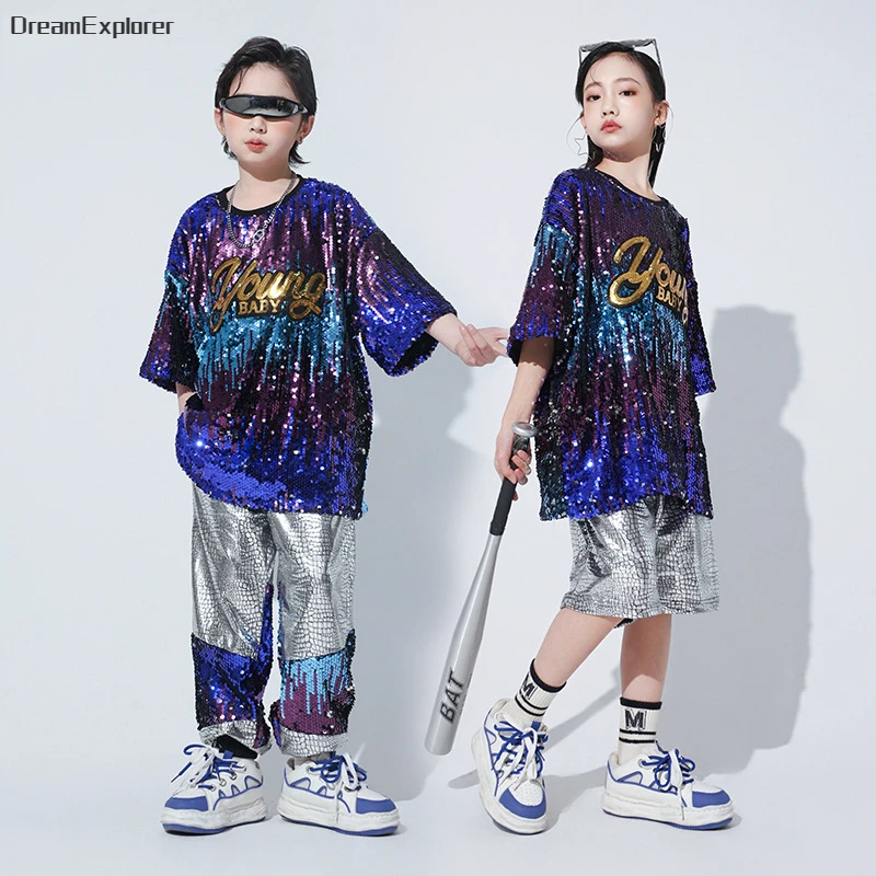 

Boys Sequin Contrast T-shirt Hip Hop Joggers Girls Streetwear Kids Street Dance Shorts Clothes Sets Children Jazz Stage Costumes