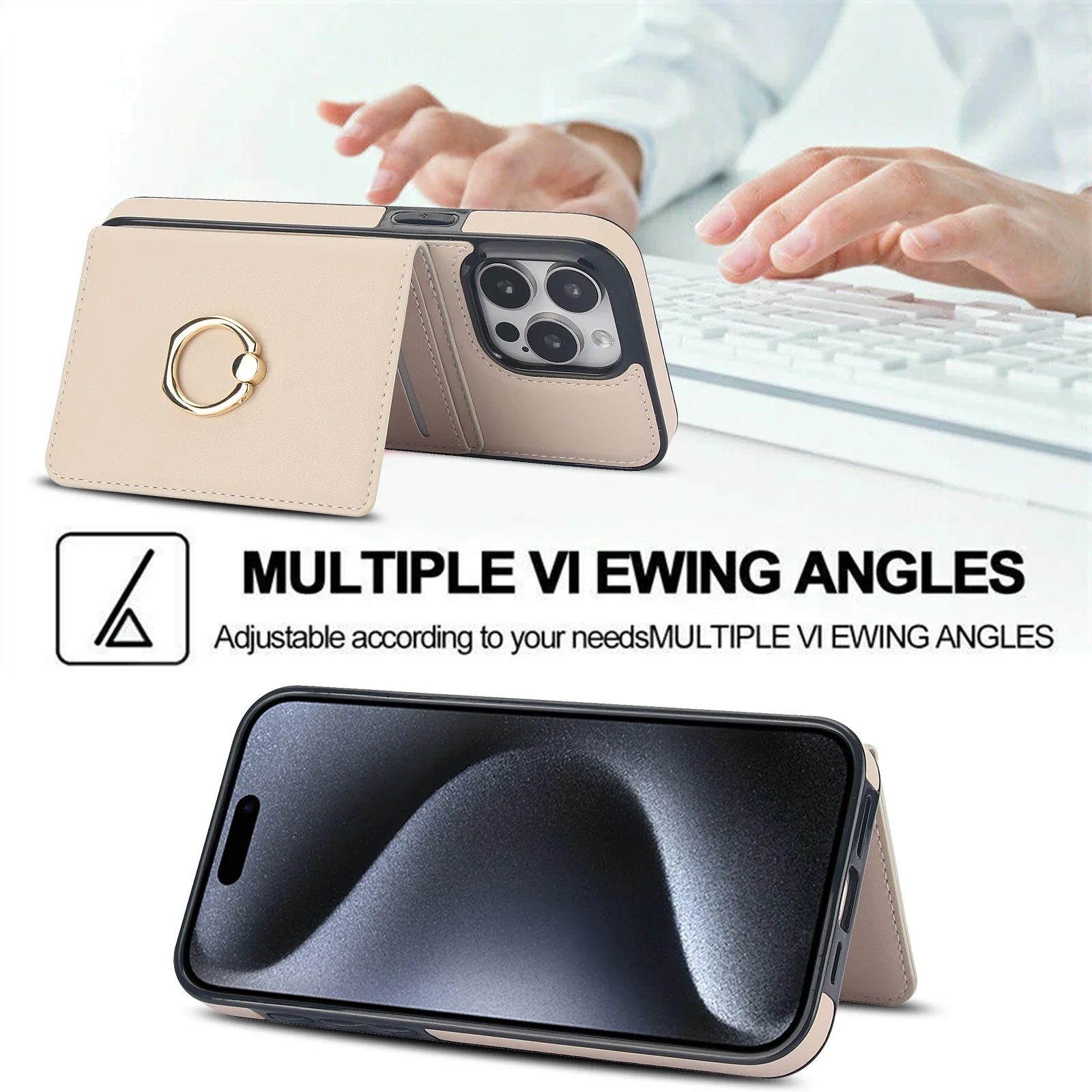 Leather RFID Card Holder Wallet with Ring Stand and Pocket Cover