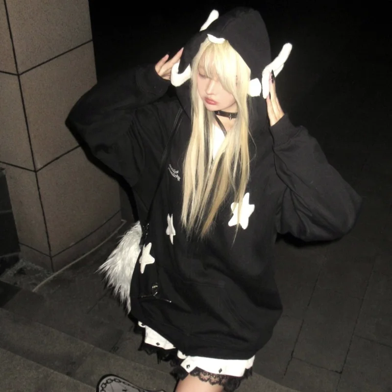 New Kawaii Hoodies Women Japanese Y2k Star Girl Pink Harajuku Gothic Angel Zipper Sweatshirts Oversize Cutecore Lolita Tops