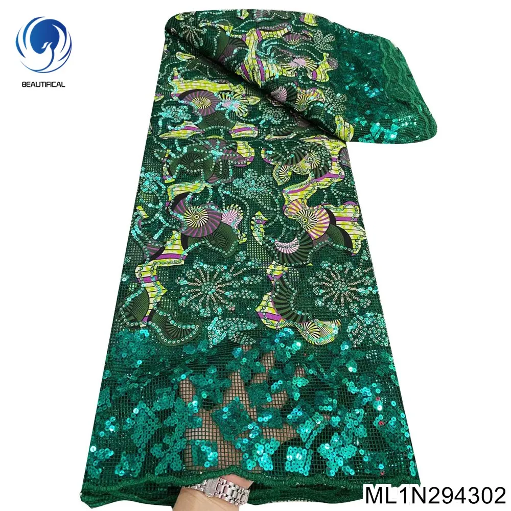 

Green African Lace Fabric Beautiful Nigerian Party Dress High Quality 100% Polyester French Tulle Sequin Embroidery ML1N2943