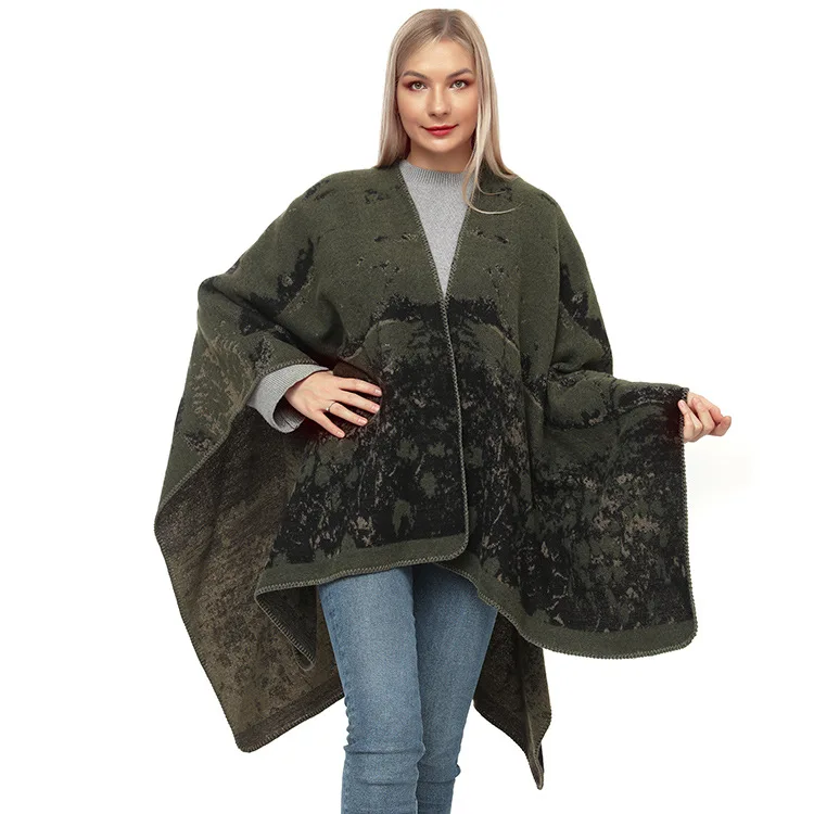 Autumn Winter Knitted Shawl Women's Warm Printing Cloak Imitation Cashmere  Poncho Lady Capes Green Cloaks autumn winter printing double faced double sided split warm cape women imitation cashmere poncho lady capes gray cloaks