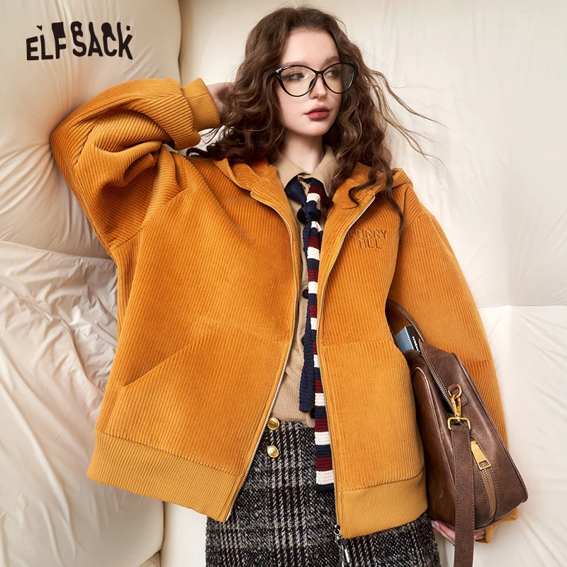ELFSACK Corduroy Fleece Hoodied Thick Jackets Women 2023 Winter New Designer Luxury Outwears
