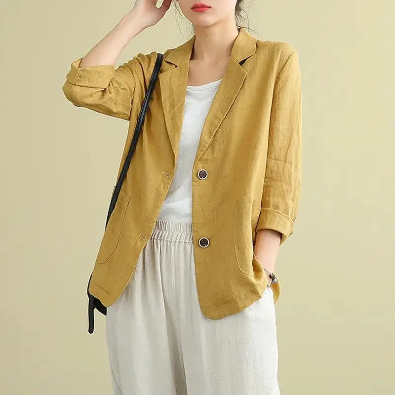 Temperament Spring Autumn Solid Women's Notched Cotton Hemp Single Breasted Korean Fashion Long Sleeve Loose Blazer Coat Tops