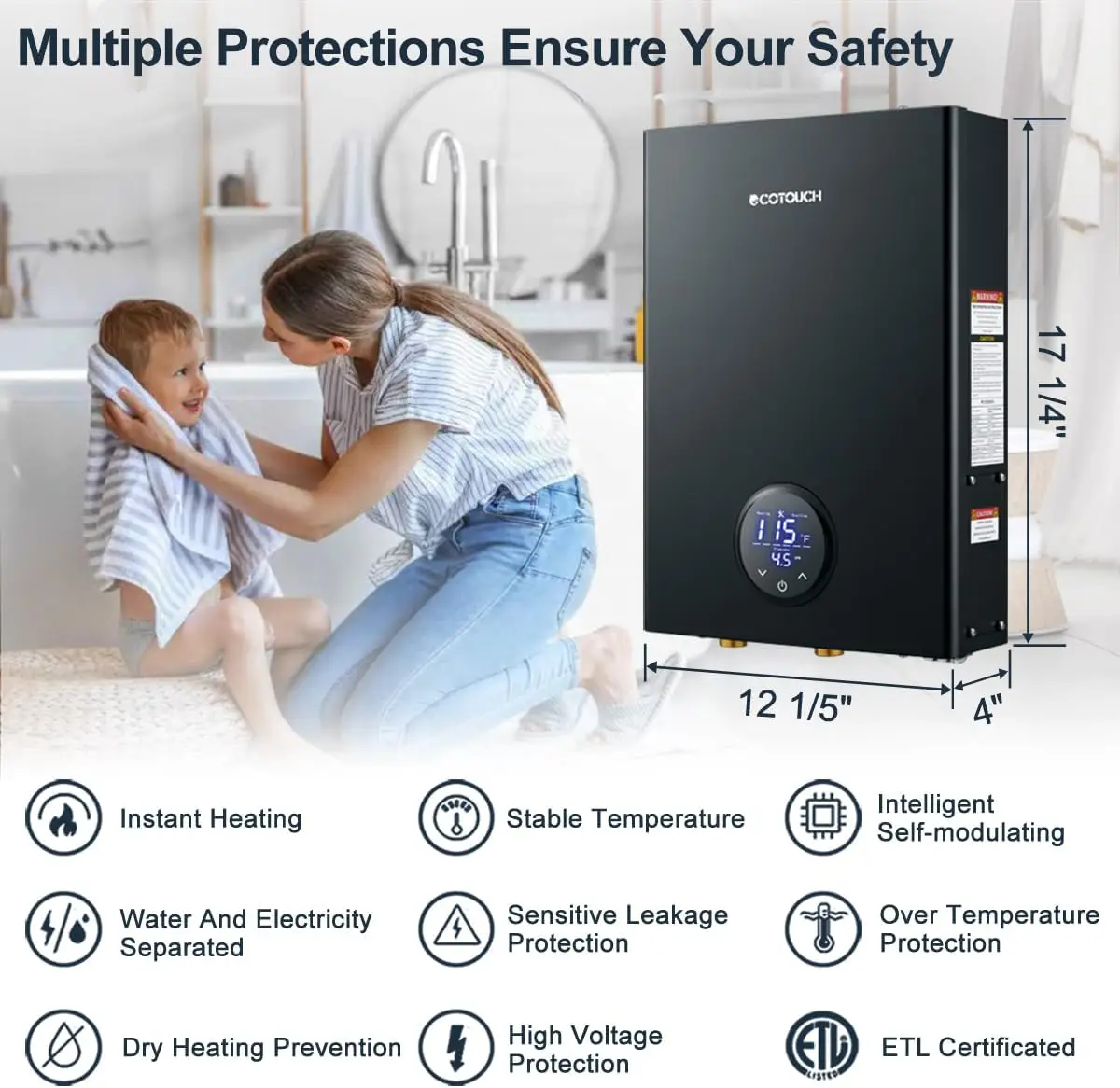 Tankless Hot Water Heater Electric 240V 24kW On Demand Instant Point of Use Endless Smart Water Heater with ETL Certificated