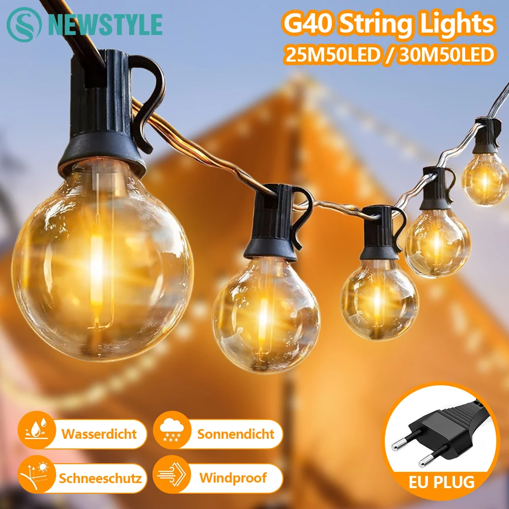 Outdoor string lights 30M G40 LED patio lights EU plug 50 Edison bulbs 2 spare Waterproof hanging light Backyard party decor