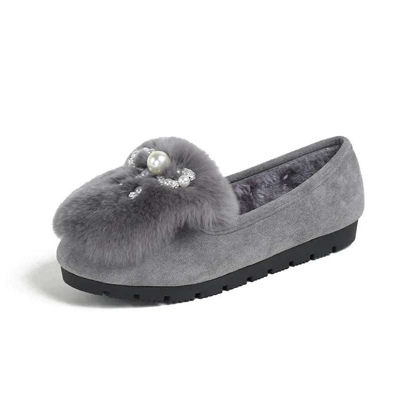 Thick Sole Round Toe Warm Plus Velvet Cotton Shoes Women Fashion Bow Tie Anti-slip Pearls Loafers Plus Size  Zapatillas 2023