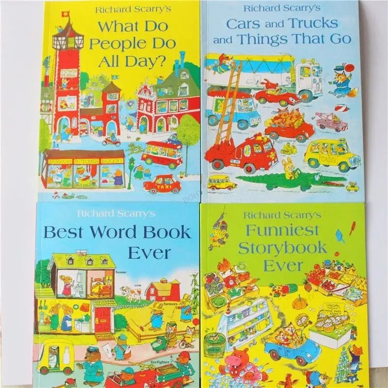 

4PCS Busy Town English Picture Funniest Storybook Best Word Book Cars Trucks Things That Go What People Kids Knowledge Education