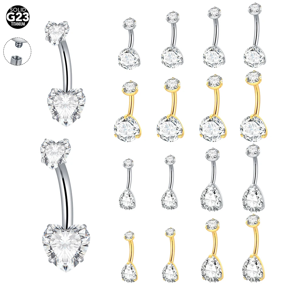Juego De 3 Piercings Para Ombligo De Titanio/Acero Quirúrgico | Diseño Con Corazón Y Cristales | Hipoalergénico