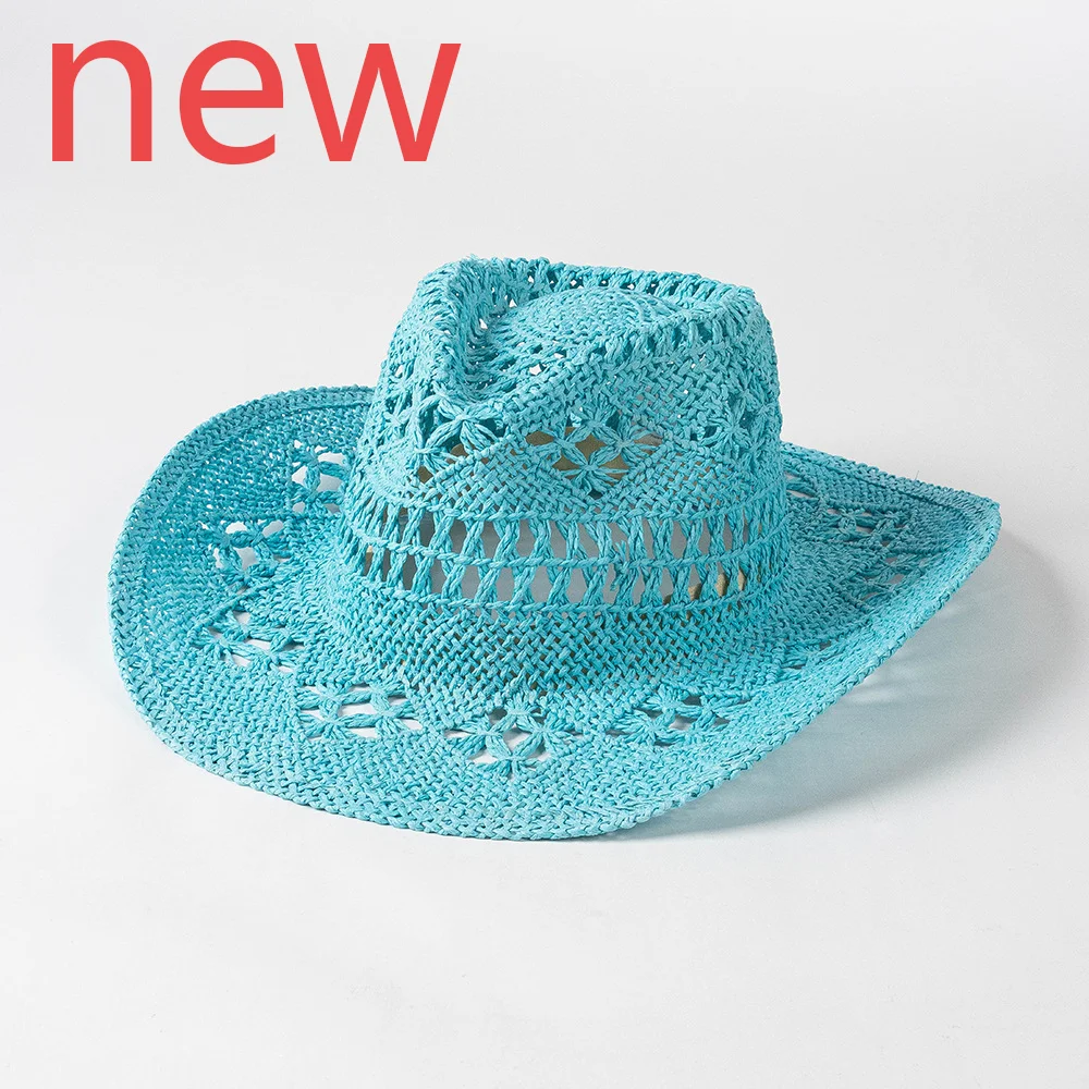 2024 Cowboy Straw Hat Handwoven Hollow Men's and Women's Summer Sun Hat Jazz Top Straw Hat Western Cowboy Hat sombrero