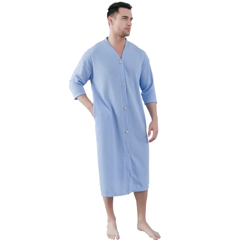 Women's Waffle Cardigan Bathrobe Absorbs Water Long Style Solid Color V-neck Pijama Mujer Multi Colors Couples' Bath Robes