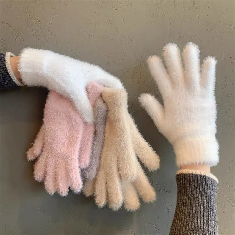 Korean Faux Fur Full Finger Gloves Women Winter Cashmere Wool Thick Warm Wrist Plush Gloves Solid Color Mittens