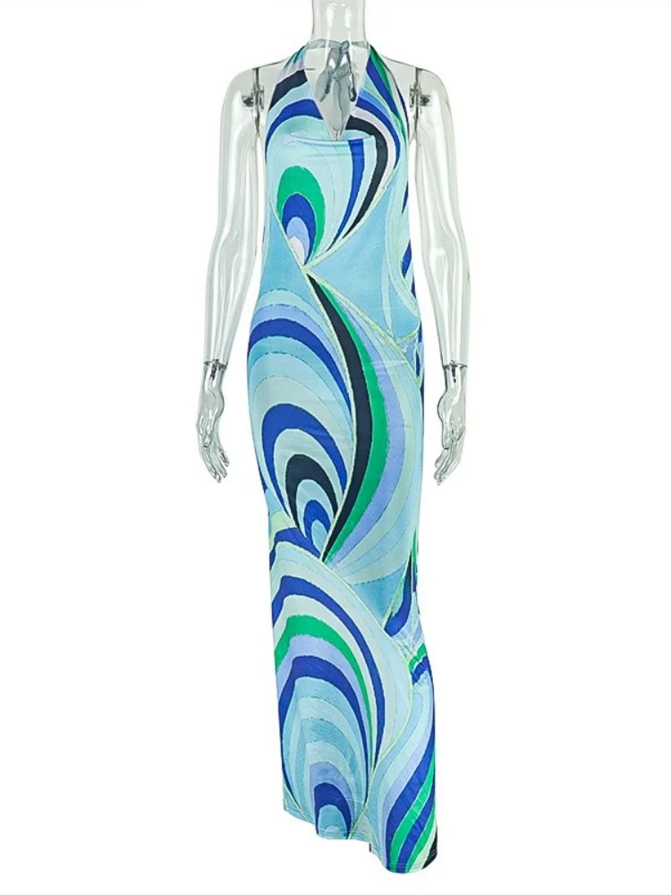 Wmstar Dress Women Wholesale A Patchwork Elegant Backless Halter Neck Figure Hugging Silhouette Printed Wavy Pleated Long