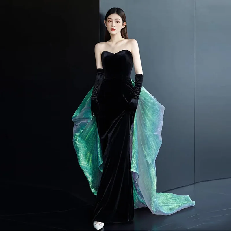 Elegant Black Velour Tube Top Evening Party Dress for Women Mermaid Formal Prom Party Gown