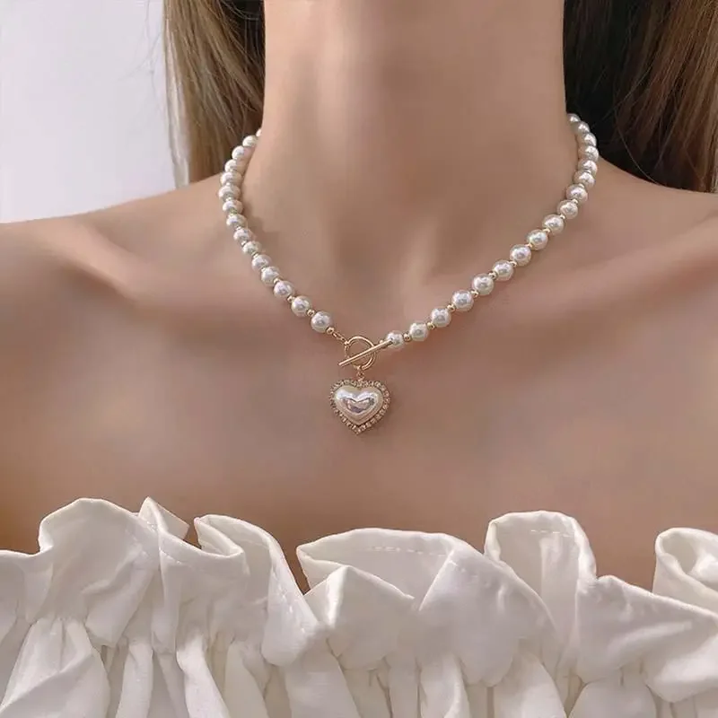 Gentle Choker Jewelry Gift Necklaces Elegant Pearl Necklace Women's Fashion Rhinestone Shell Heart Pendant
