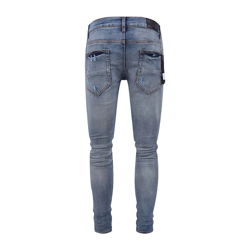 High Street Fashion Men Jeans Retro Blue Stretch Skinny Fit Ripped Jeans Men Leather Patched Designer Hip Hop Brand Pants Hombre
