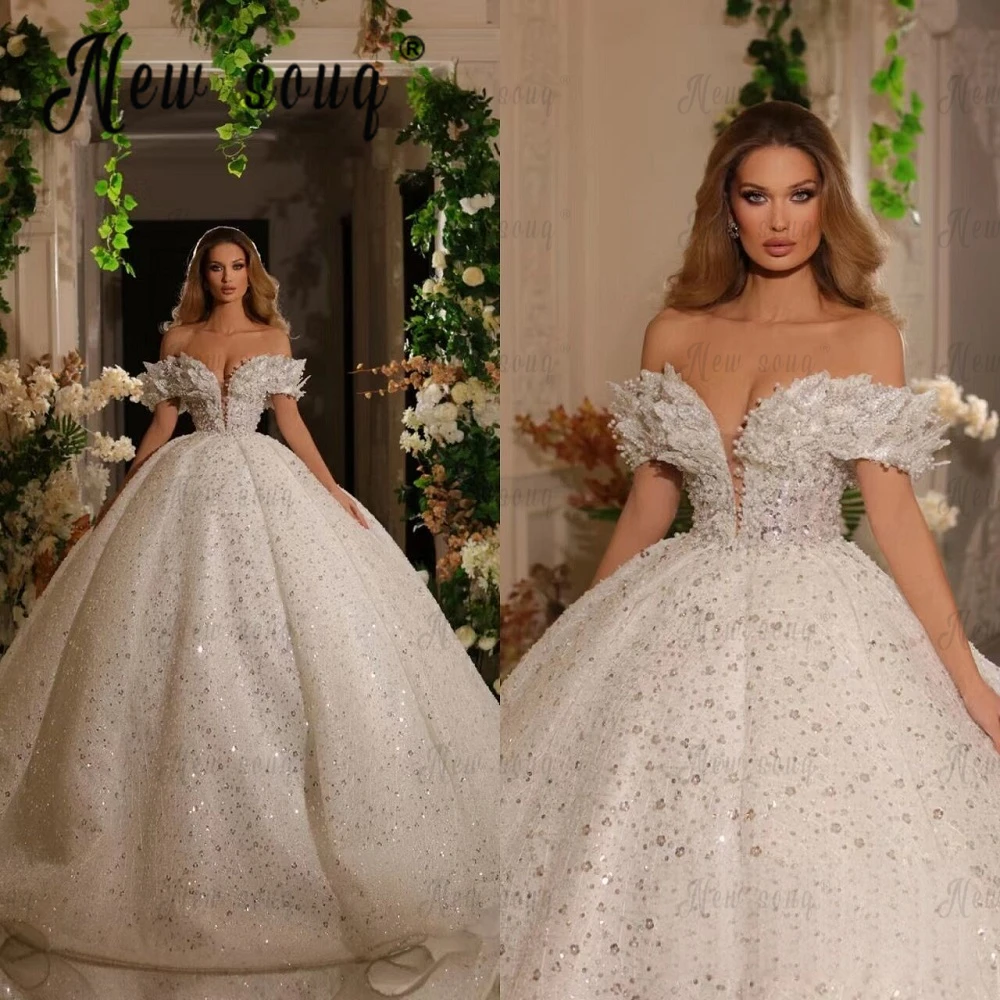 

Dubai Romantic Off Shoulder Lace Up Ball Gown Wedding Dress 2023 Luxury Beaded Appliques Princess Bridal Gown Vestido De Novia
