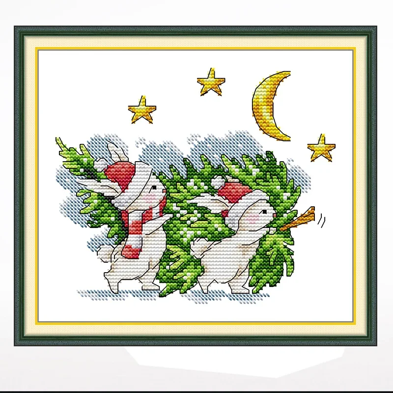 

Christmas tree carrying rabbit cartoon cross-stitch living room bedroom hanging picture, 11CT/14CT hand-embroidered
