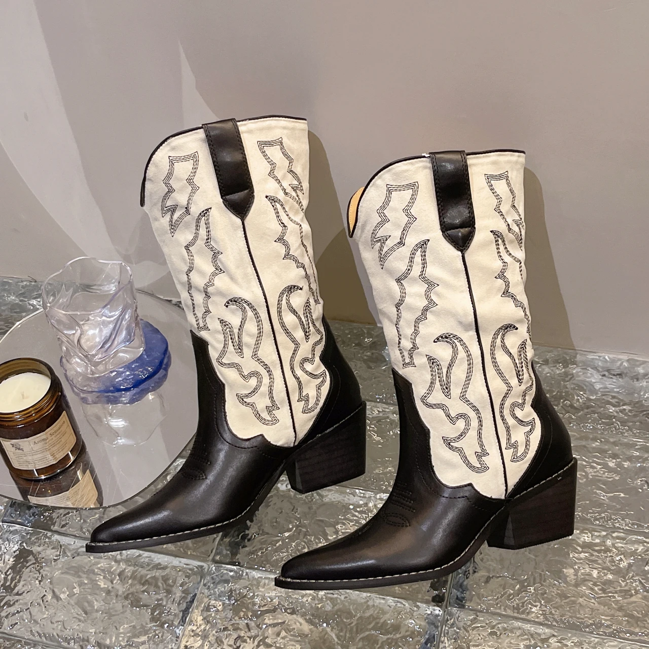 Bottes de cowboy occidentales brodées pour femmes, couleurs mélangées,  chaussons hauts au genou, Parker pointu, talon