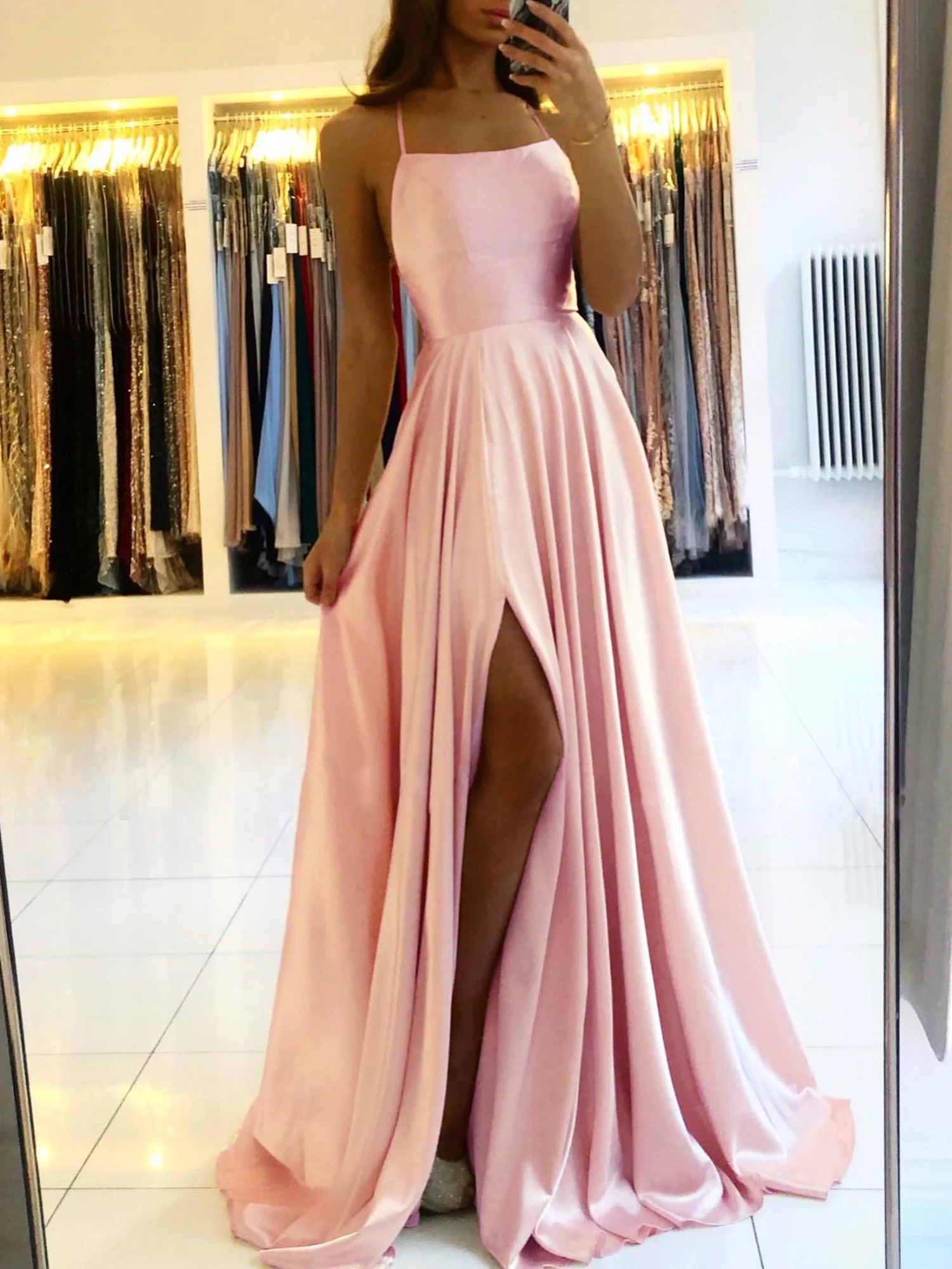 Evening dresses Ladies A-line Long Satin Evening Dress Women Simple Spaghetti Straps Sexy Slit Wedding Prom Party Gowns