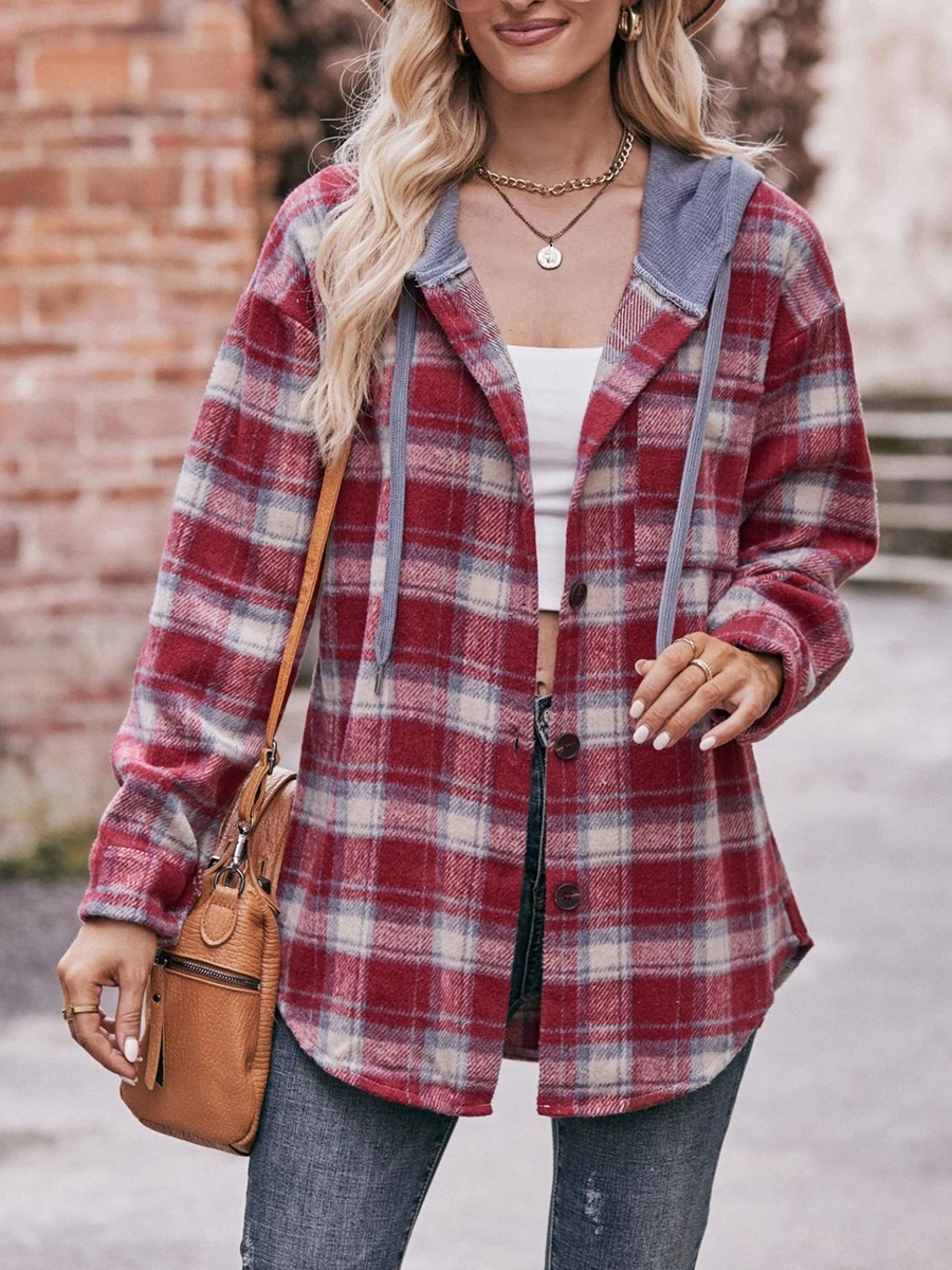 

Women’s Plaid Print Hood Coat Long Sleeve Lapel Casual Flannel Shacket Jacket Button Closure Outerwear Autumn Wool Blends