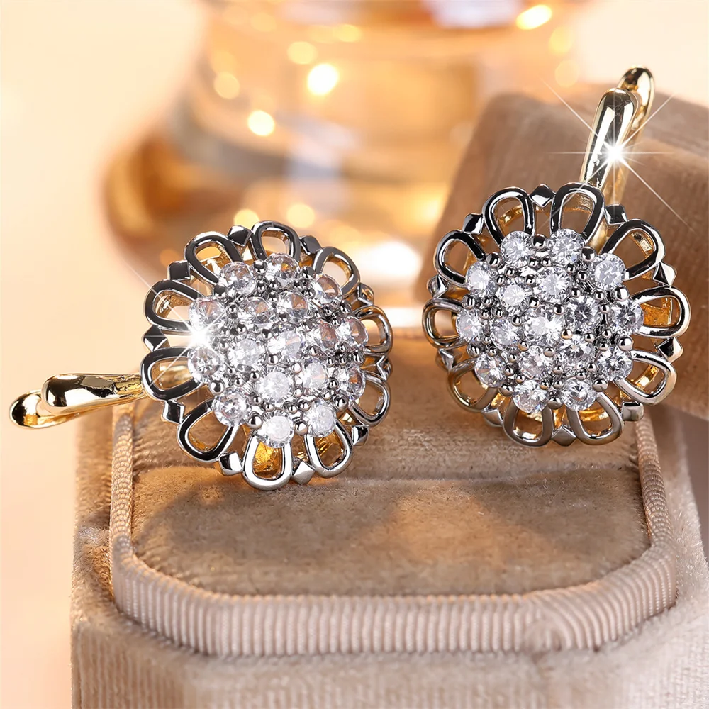 Vintage Hollow Flower White Zircon Hoop Earrings For Women Antique Gold Silver Color Ear Buckle Wedding Jewelry Versatile Gifts