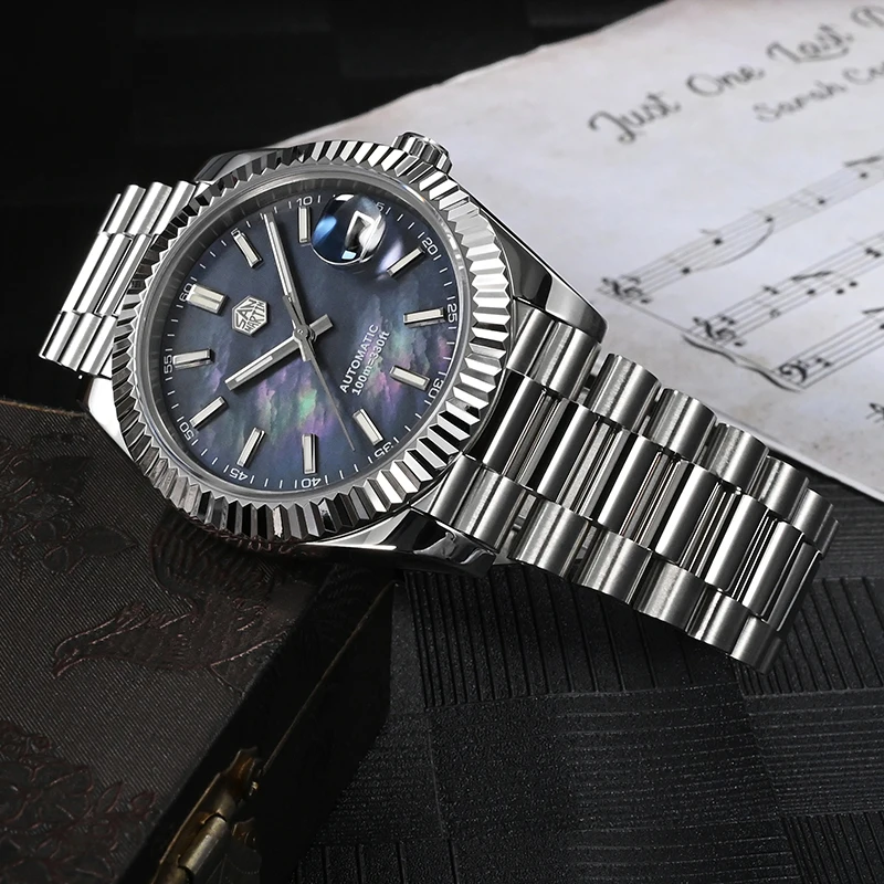 Mechanical Watch San Martin Men Watch 40mm Vintage MOP Dial Retro Business Luxury Sapphire PT5000 Automatic Mechanical Carving Fluted Bezel 10Bar