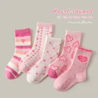 Little Girls Socks Spring Autumn Winter Cotton Socks Baby 1-12T Children's Calf Socks Girl Cartoon Love Pattern 5 Pairs Socks 1