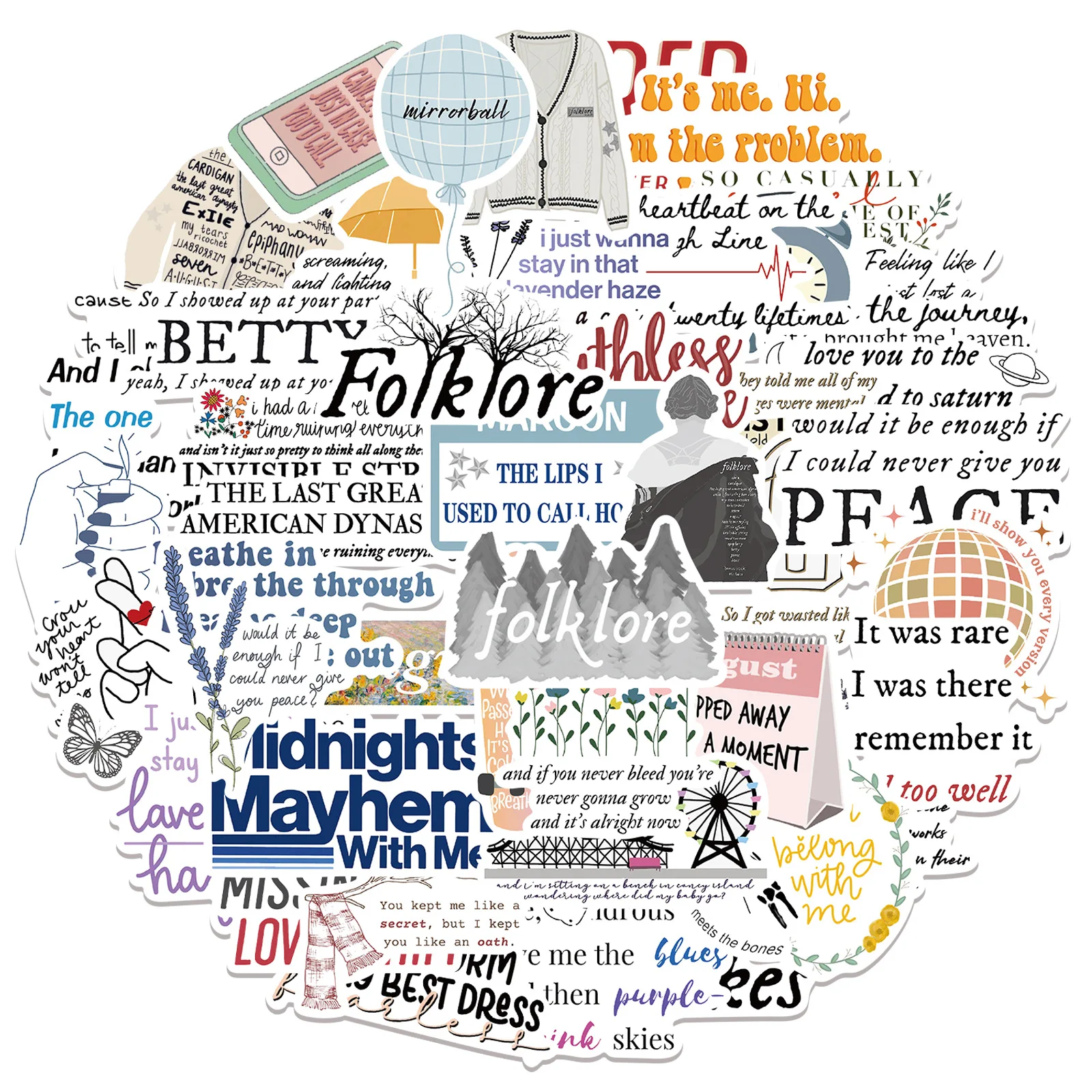 

55pcs Cute Stickers Taylor Album Lyrics Title Stickers Stationery Planner DIY Laptop Study Room Scrapbooking Graffiti Decal