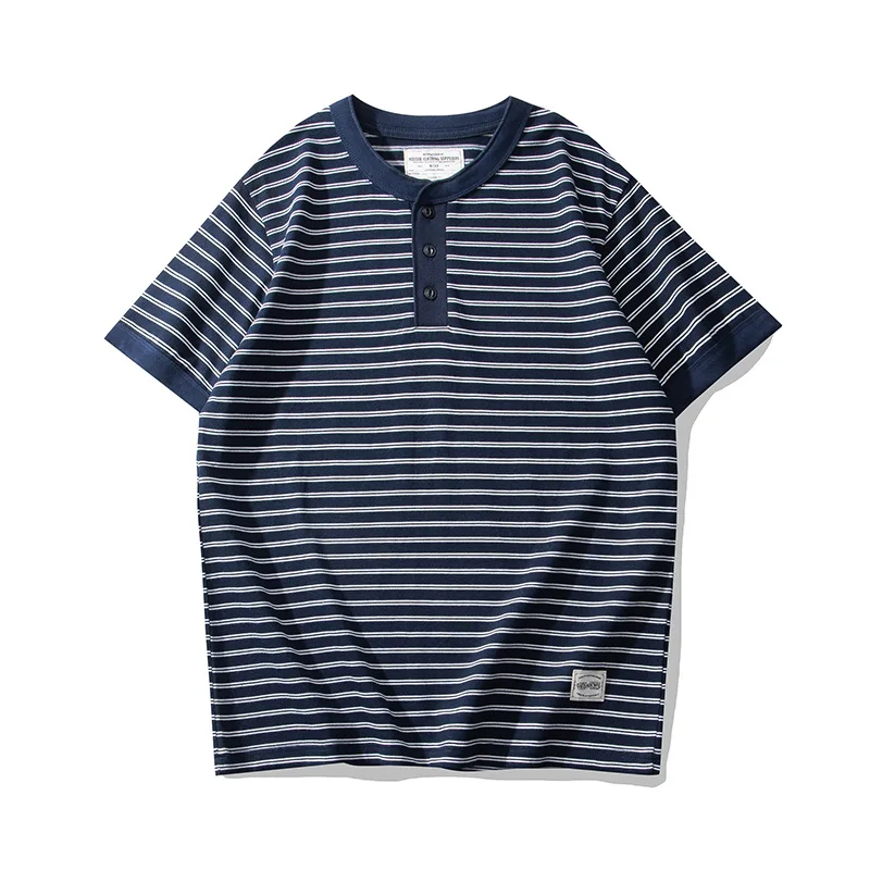 OKONKWO Heavyweight Short Sleeve Striped Henry Neck T-Shirt Deck Sea Soul Shirt Henry Shirt Outdoor Fitness Sports Tops 240g