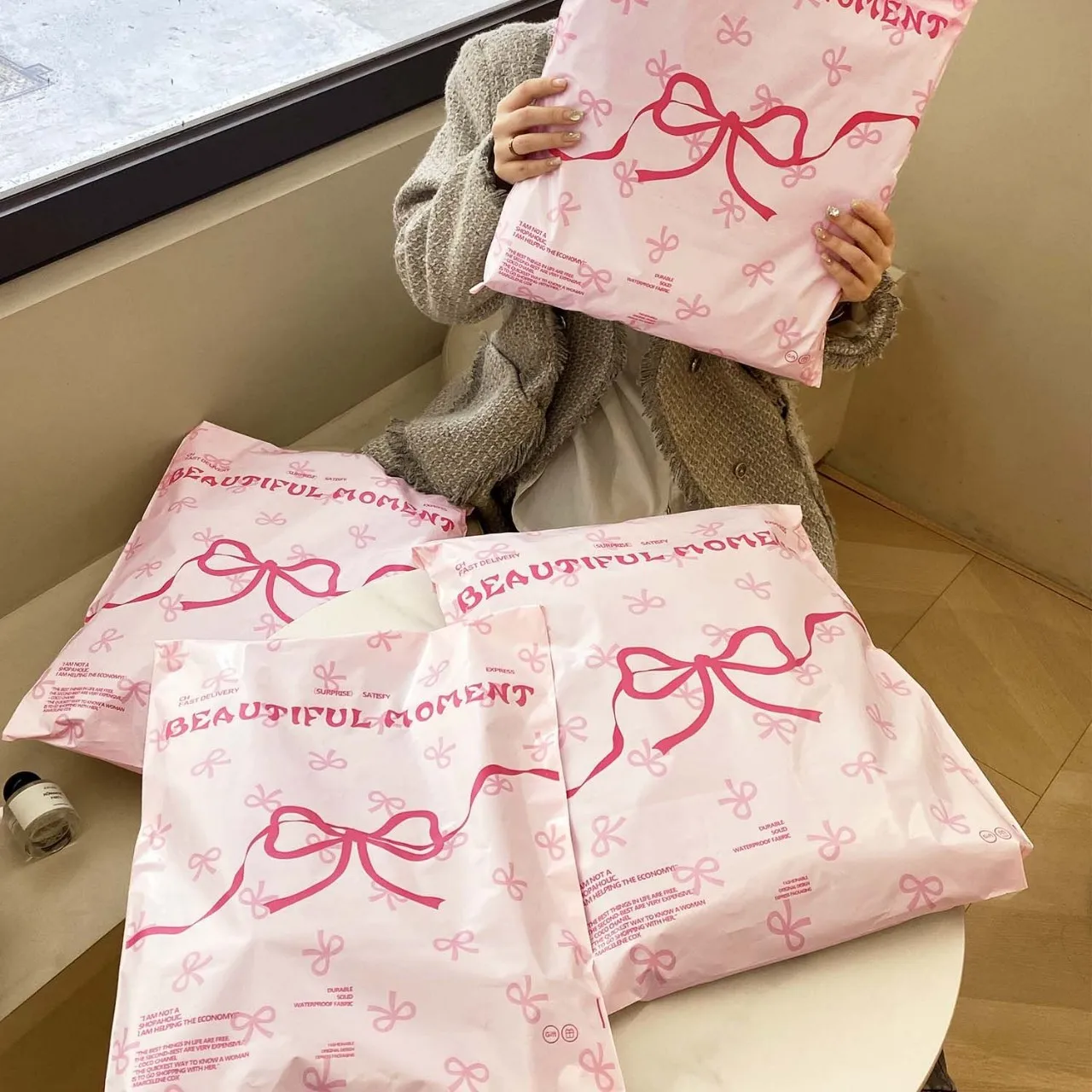 50Pcs Plastic Pink Courier Postal Bag Cute Bow Prinitng Clothes Mailer Storage Packaging Bag Gifts Shoes Express Transport Pouch,courier bag,mailing bags,packing pouches,express bag