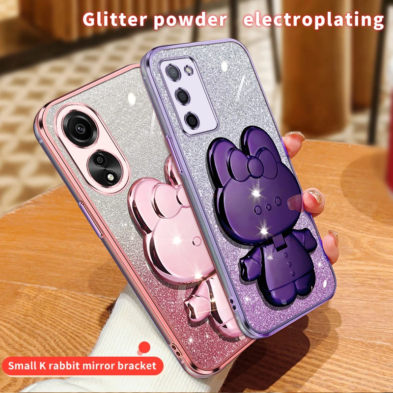 Étui souple avec support de miroir de maquillage, lapin à paillettes, A55, pour Oppo A36, A76, A32, A31, A93, A73, A53, A55, A35, A15, A38A54, A52, A92, 4G, 5G_voghion.com