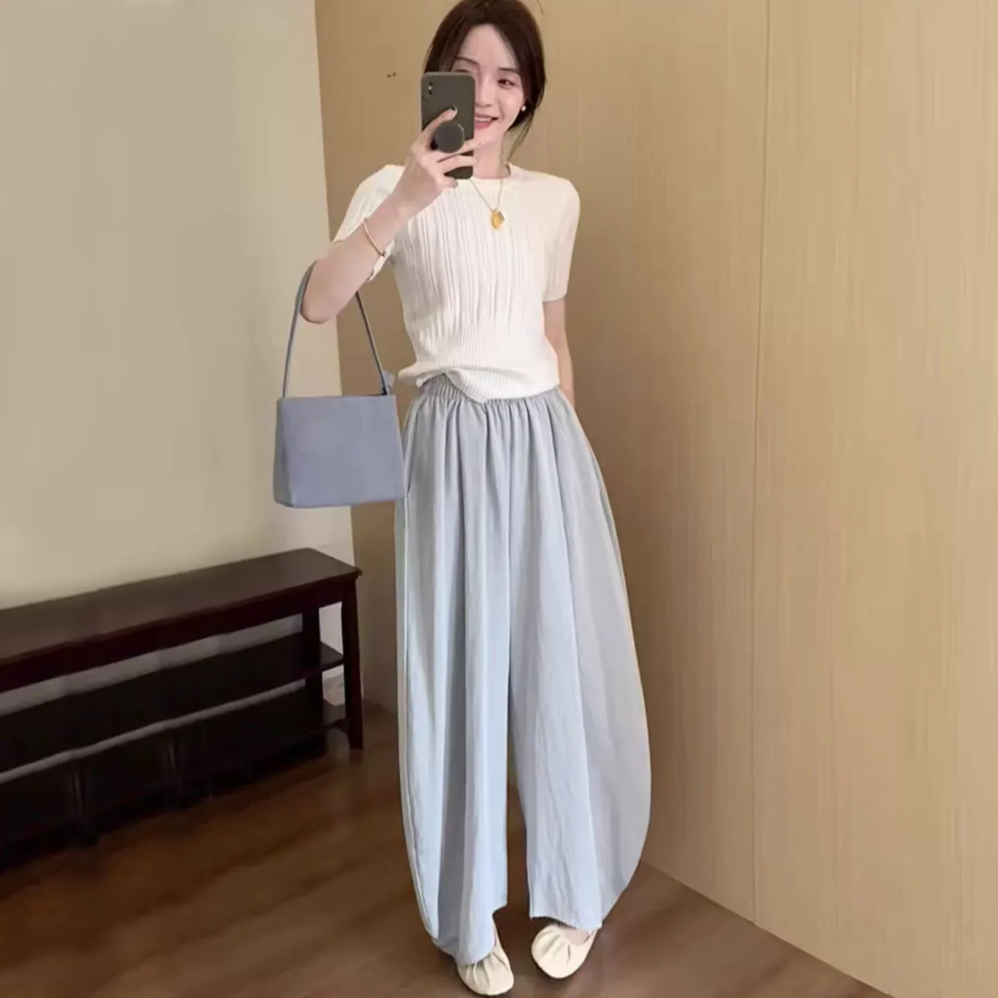 임산부 와이드 레그 팬츠 여름 얇은 루즈핏 편안한 배가 보이지 않는 9부 슬리밍 나이프 팬츠 면 폴리에스터