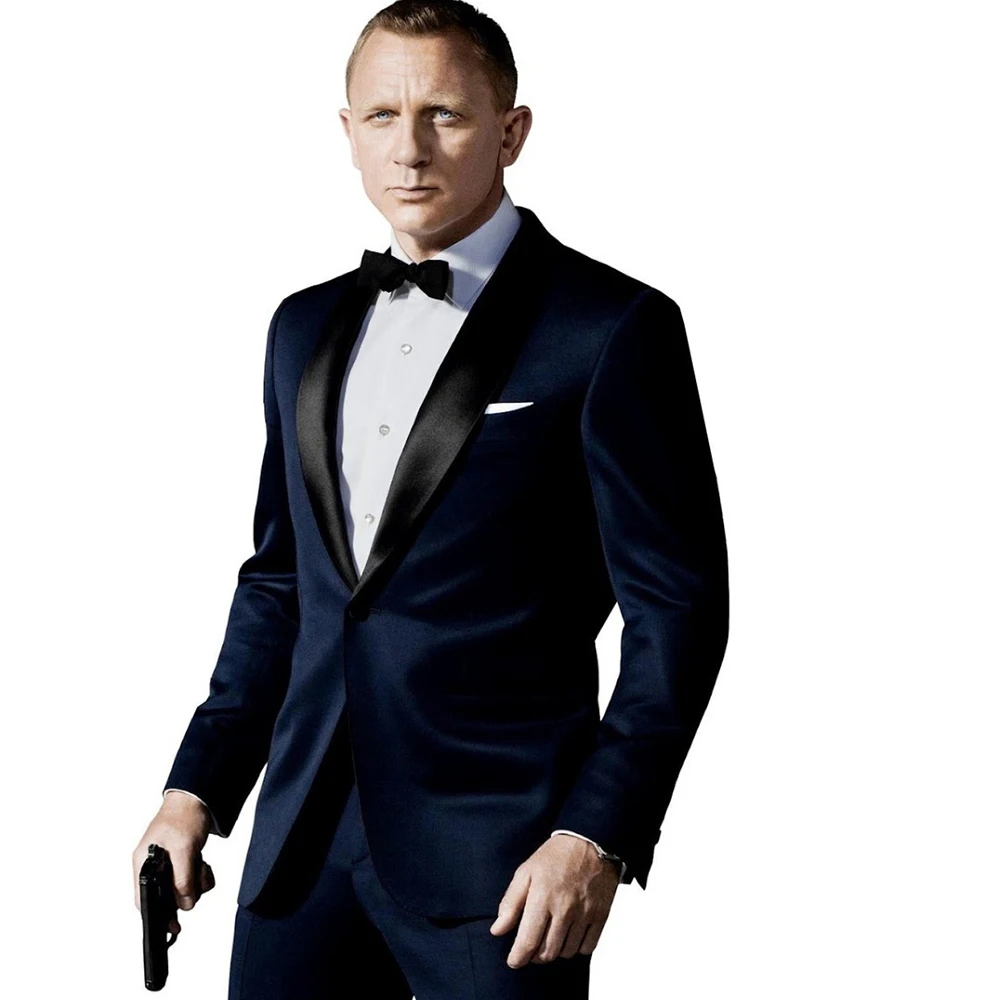 

New Navy Blue Men Suits With Black Shawl Collar Slim Fit Tuxedo Tailcoat For Dinner Party Prom Business Men Suits Set 2 Pieces