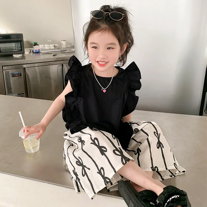 

6602C Children Clothing Set 2023 Summer New Fashion Girl's Suit Flying Sleeve Shirt +Wide Leg Pant Leisure Two-piece Suit.